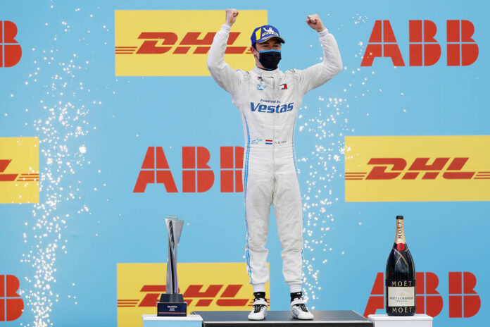Nyck de Vries (NLD), Mercedes Benz EQ, 1st position, celebrates on the podium