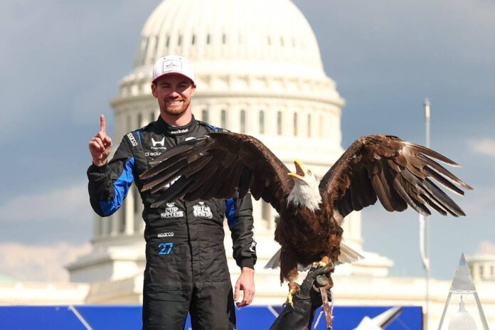 Kyle Kirkwood with bald eagle - Freedom 250 Grand Prix of Washington D_C_ - By_ Chris Owens_Large Image Without Watermark_m163821